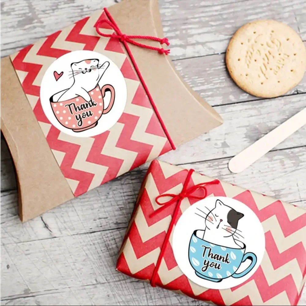 Roll of 500 Cute Kitty Cat in Teacup Round Thank You Stickers Coffee Mug